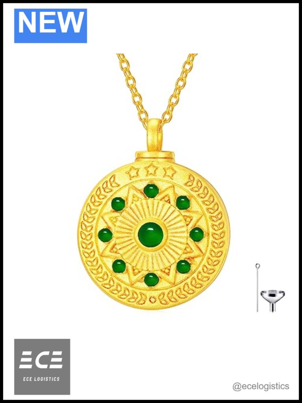 18K Gold Plated Silver Emerald Cremation Urn Necklace 10K Gold Chain